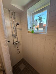 a bathroom with a shower with a window at Morfslottet in Gothenburg +14 photos