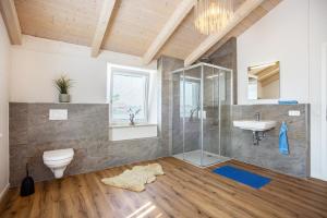 a bathroom with a shower toilet and a sink at Blaues Haus in Buchloe +27 photos