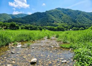 a stream in a field with mountains in the background at Gapyeong Yunseul Pension in Chuktul-li