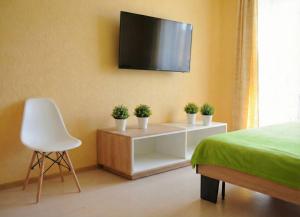 a bedroom with a tv on a wall with potted plants at Poltava Green Apartments in Poltava