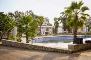 a swimming pool with palm trees in front of a building at Jimma Palace Hotel in Jīma
