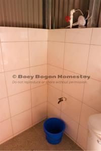 a bathroom with a toilet and a blue bucket at Baey Bōgan Homestay in Sagada