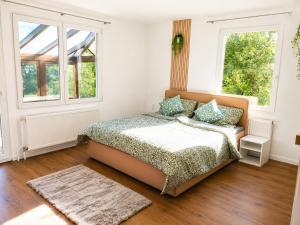 a bedroom with a bed and two windows at Haus Martha in Hörbranz