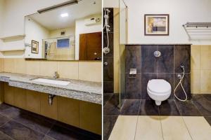 two pictures of a bathroom with a toilet and a sink at RG Suites - Royapettah in Chennai
