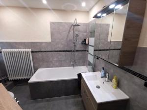a bathroom with a tub and a sink and a shower at Pension am Kirchberg - Zimmer 1 in Daun +4 photos