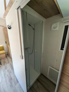 a bathroom with a shower with a glass door at Tiny house in Saint-Côme-dʼOlt