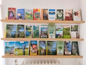 a book shelf filled with books on a wall at Pension am Kirchberg - Zimmer 2 in Daun