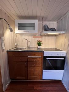 a small kitchen with a sink and a stove at Sweet home in Kristiansund