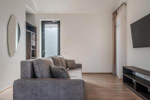 a living room with a couch and a television at TOPOLIŲ Apartamentai in Palanga