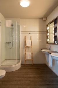 a bathroom with a shower and a toilet and a sink at Hotel Mardaga in As +104 photos
