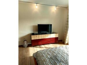 a room with a tv on a stand with a bed at Ferienglück Unterkirnach in Unterkirnach