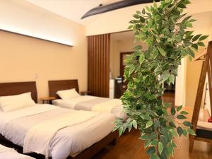 a room with two beds and a tree in it at ura Kyunoju in Okayama