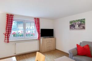 a living room with a couch and a tv at Süßen Häusle in Breitnau