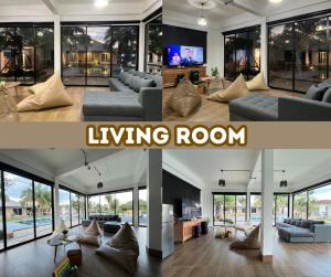 a living room with couches and a living room with windows at Arom Pool Villa Pattaya 2 in Na Jomtien