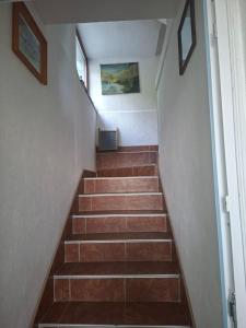 a stairway with brown steps and a painting on the wall at VRATA IGMANa in Hadžići
