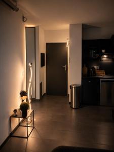 a living room with a door and a table with a plant at Jacuzzi, massage et plage ! in Fréjus