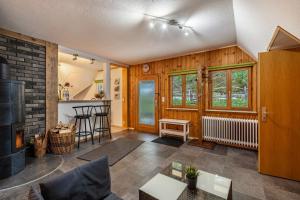 a living room with wooden walls and a fireplace at Schwarzwald Chalet - Karlshütte in Neuweg
