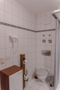 a white bathroom with a toilet and a shower at Apartment BergStyle in Pfronten