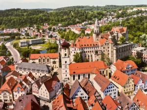 an aerial view of a town with buildings at Apartment am Schloss in Sigmaringen