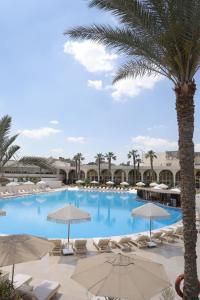 a large swimming pool with umbrellas and a palm tree at Pyramids Park Resort Cairo in Cairo