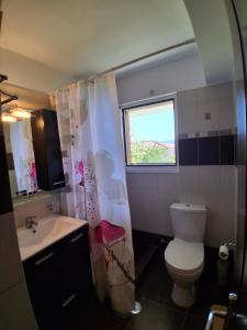 a bathroom with a toilet and a sink and a window at Οcalia Apartment in Petrokhórion