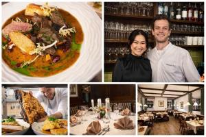 a group of four pictures of a restaurant with food at Hotel und Restaurant Römerstein in Bad Aussee