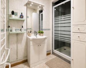 a bathroom with a sink and a shower at Évasion Familiale à Essises - Proche des vignobles in Essises
