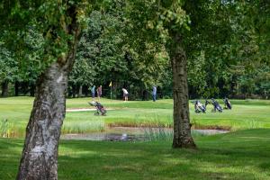 a group of people playing in a park with trees at Westergaards Hotel in Videbæk