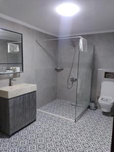 a bathroom with a shower and a sink and a toilet at Hurşit Bey Konağı in Gaziantep