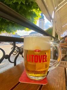 a glass of beer sitting on a table at Apartmány u Litovelského Pomoraví in Olomouc +10 photos