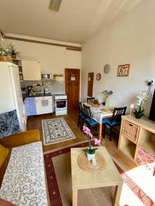 a living room with a table and a kitchen at Apartmány u Litovelského Pomoraví in Olomouc