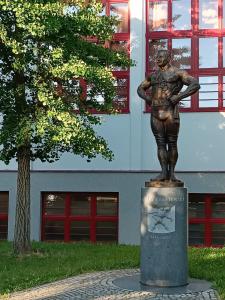 a statue of a man standing in front of a building at Apartmány u Litovelského Pomoraví in Olomouc