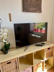 a flat screen tv sitting on top of a wooden entertainment center at Apartmány u Litovelského Pomoraví in Olomouc