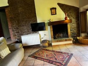 a living room with a couch and a fireplace at El Ventador de la Torra in Lladurs