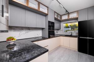 a kitchen with white cabinets and black countertops at Villa Christy in Čara +33 photos