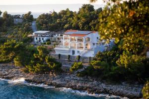 an aerial view of a house on a hill next to the water at Villa Christy in Čara