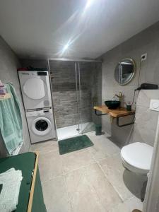 a bathroom with a shower and a washing machine at Cottage 3 étoiles avec jardin & parking, proche Paris et Disneyland in Chelles +12 photos