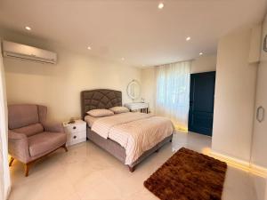 a bedroom with a bed and a chair and a mirror at Luxury villa in mountain in Geyikbayırı +18 photos