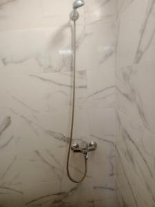 a shower with a hose in a white marble bathroom at Christos in Asvestokhórion +9 photos