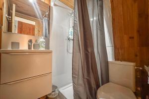 a bathroom with a shower curtain and a toilet at L'Argentière - Nature - Calme - Ski in Le Bourg d'oisans
