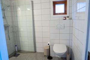 a bathroom with a toilet and a shower at Authentic rorbu by the sea in Stamsund