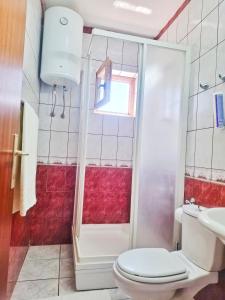 a bathroom with a shower with a toilet and a sink at Villa Boris- Next to the Beach with Parking in Ohrid