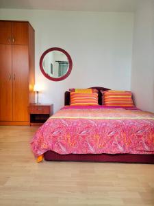 a bedroom with a bed with a pink blanket and a mirror at Villa Boris- Next to the Beach with Parking in Ohrid
