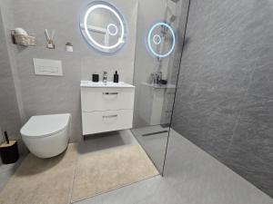 a bathroom with a toilet and a shower with a mirror at Studio S23 in Piatra Neamţ +14 photos