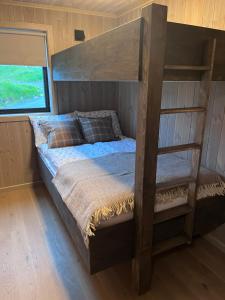 a bedroom with a bunk bed with a ladder at Lofoten Arctic Cabin in Sørvågen