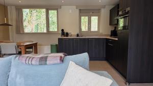 a living room with a blue couch and a kitchen at Huisje Piet in Hoenderloo