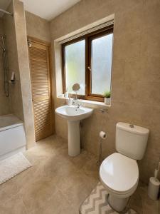 a bathroom with a toilet and a sink and a window at 54 - Room 3 - City views in Swansea