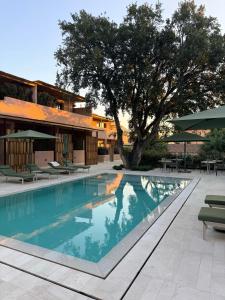 a swimming pool with a tree in the middle of a building at La Suera San Pantaleo in San Pantaleo