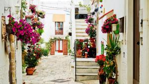 a narrow street with flowers on the buildings at La Dimora del Colle in Mottola