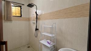 a bathroom with a shower with a toilet and a light at Jubilant Experience Homes Arusha in Arusha +51 photos